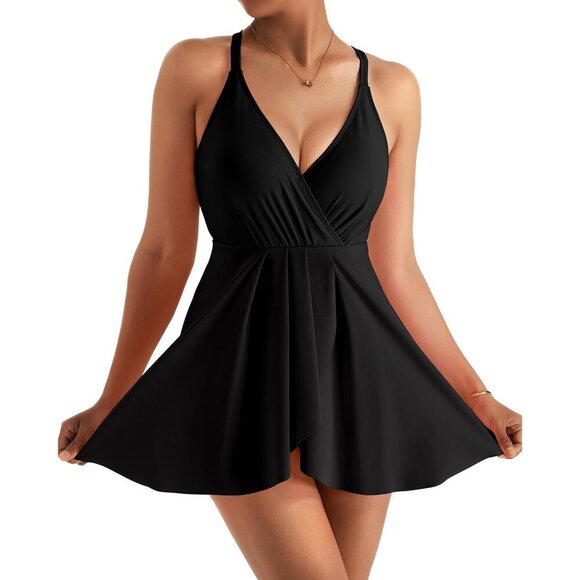 Dresses & Skirts - Women Black Swim Dress Swimsuit Tummy Control Ruched Skirted Bathing Suit